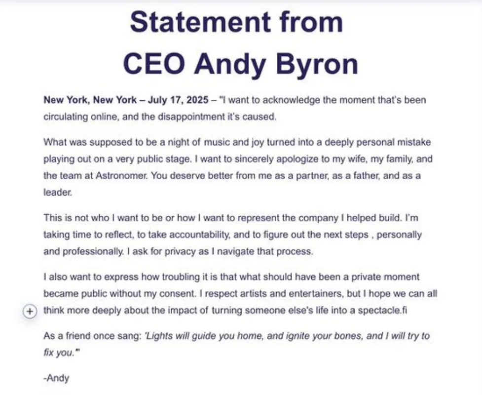 面對這場突如其來的輿論風暴，安迪拜倫（Andy Byron）很快發出了道歉聲明。（來源：網絡）