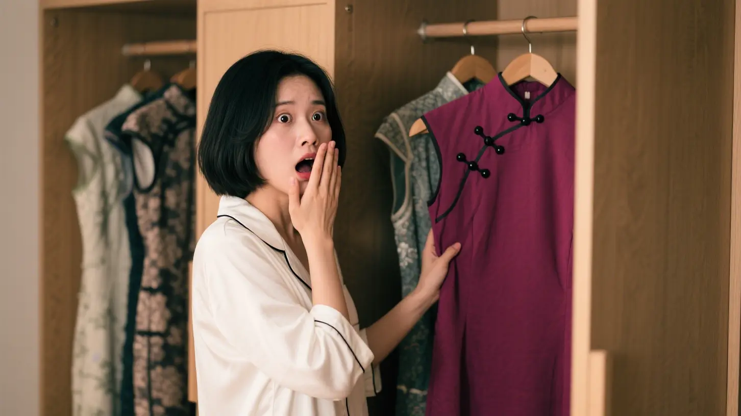 新中式旗袍熱潮中，女網友發現網購旗袍有 8 顆雙數扣子、布料硬挺等疑似壽衣的特徵，引發對民俗禁忌的討論。（示意圖來源：豆包AI）