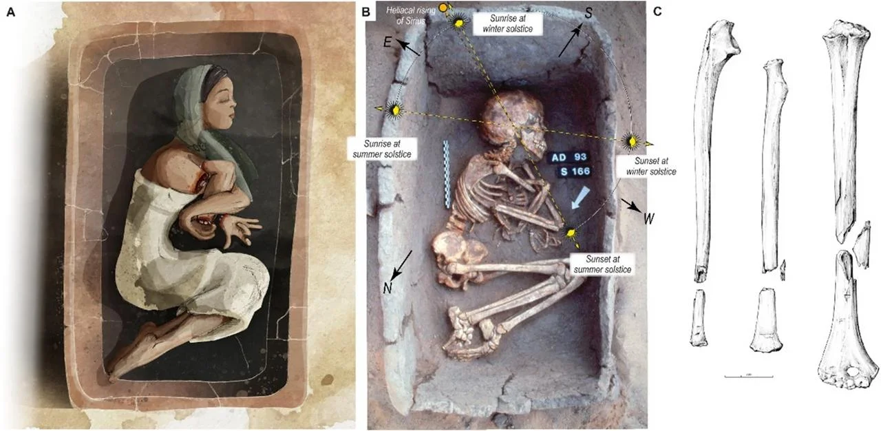埃及阿代瑪墓地 900 多座墳墓有特殊埋葬方式，少女遺骨被斷臂重排，與星象相關，或為神話雛形，影響後來宗教傳統，充滿神秘。（來源：A. Alcouffe et al., J. Archaeol. Method Theory）