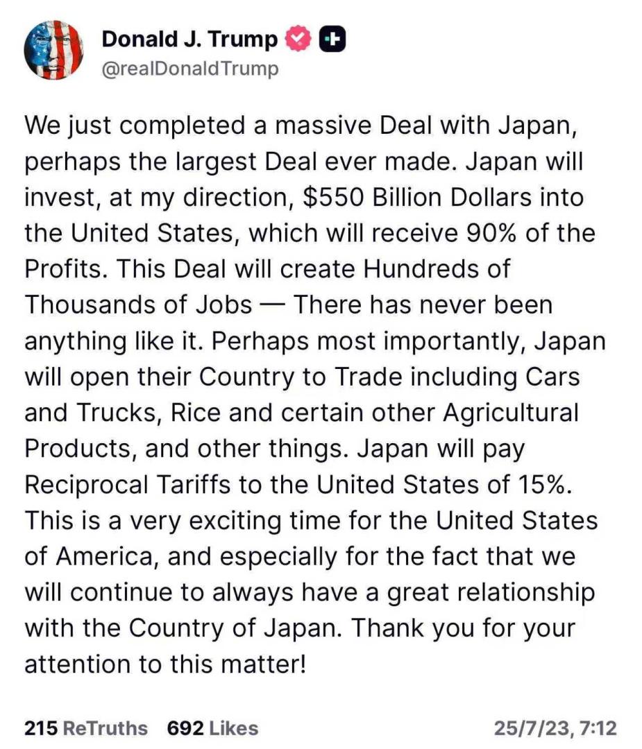 美國總統特朗普當地時間22日在社交媒體上稱，美國與日本達成貿易協議，美方對日方關稅稅率將從之前宣布的25%降至15%。 