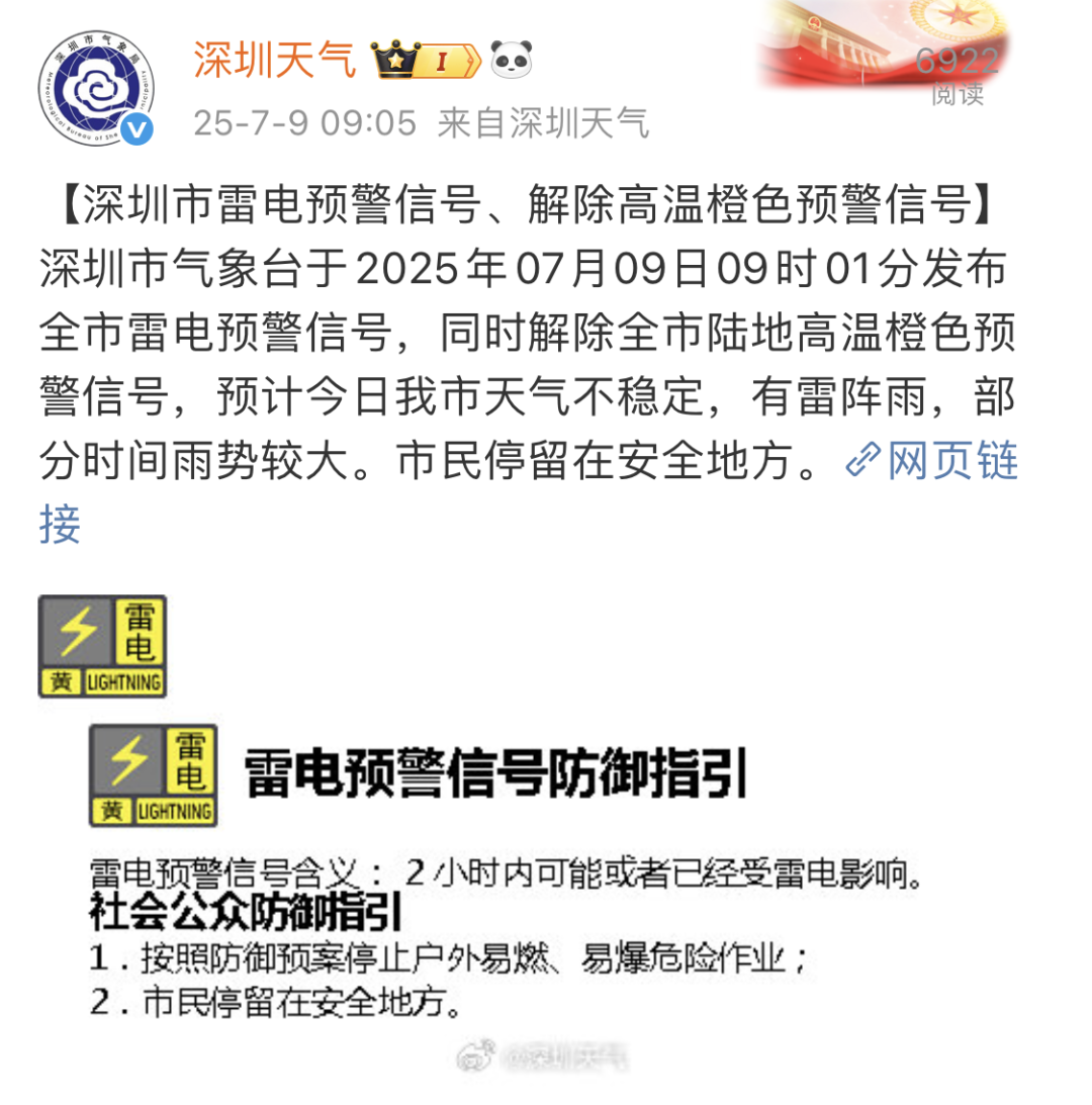 【深圳市雷電預警信號、解除高溫橙色預警信號】