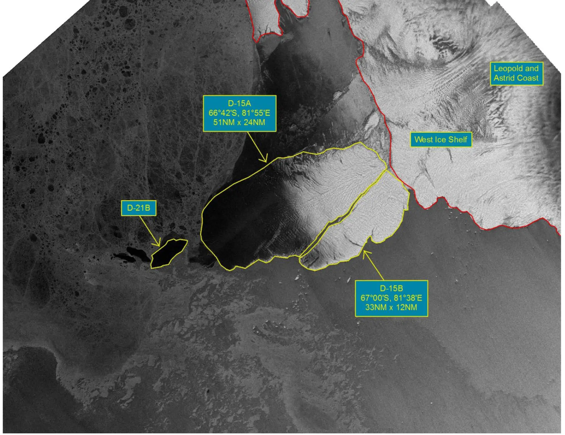 2016 年 1 月 26 日 D-15A 與 D-15B 區域的 SENTINEL-1 衛星影像。（來源：U.S. NATIONAL ICE CENTER）