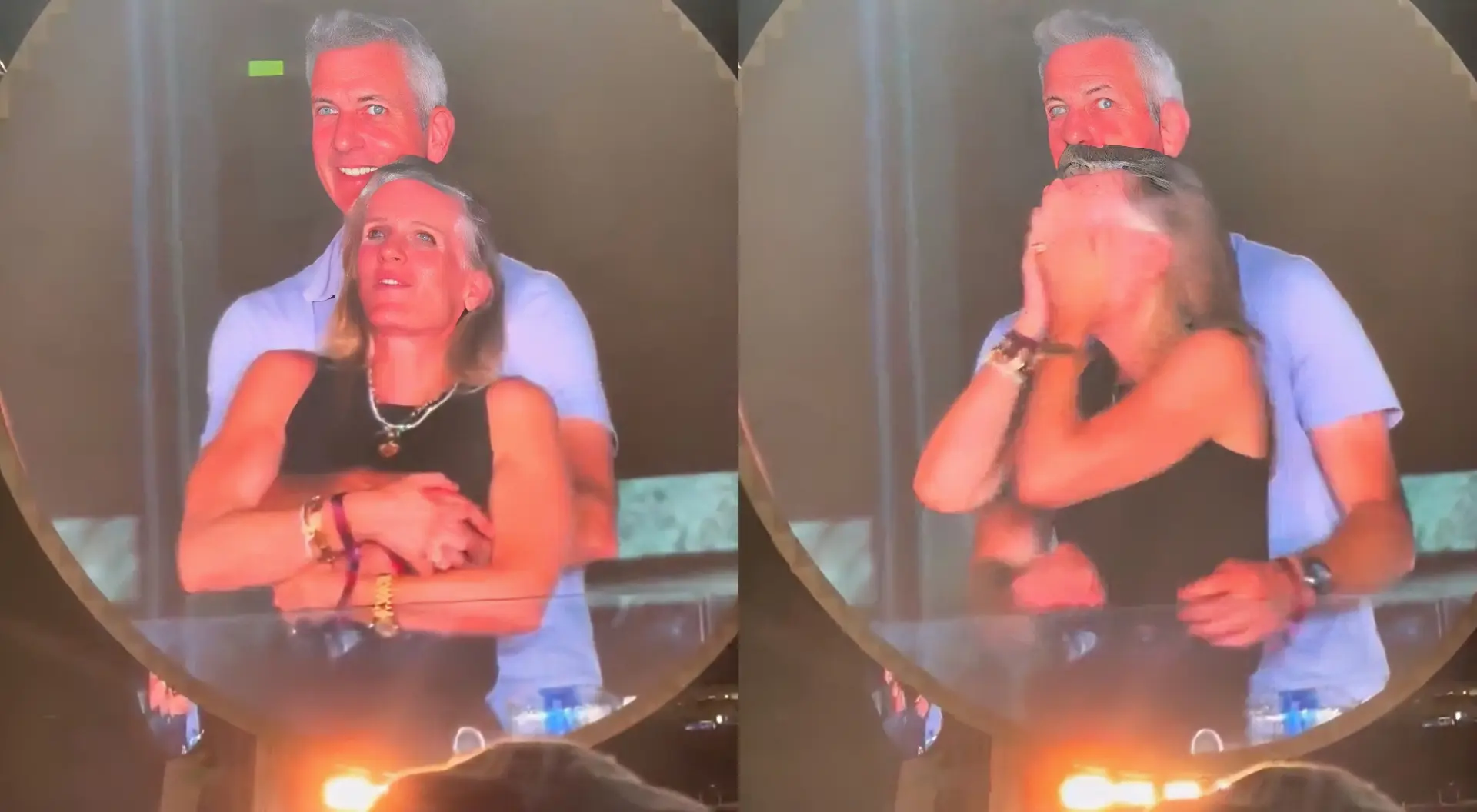 Coldplay 酷玩樂團演唱會上，51 歲的拜倫雙臂環抱 53 歲的克里斯汀，兩人發現被拍後慌忙躲閃。​(圖：網絡翻攝)
