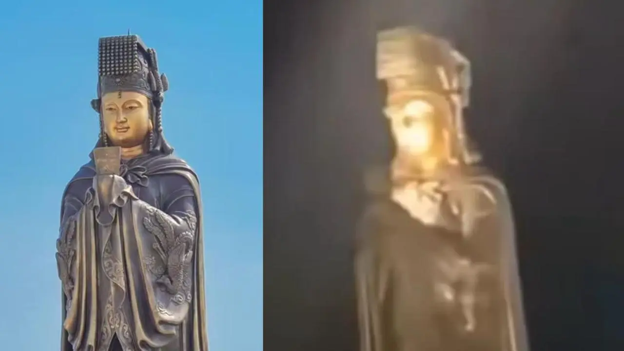 有網友經過銅像時，意外發現夜間光影照射下，媽祖臉部微微低下，手中物體在燈光下竟像極了「低頭滑手機」！（來源：臉書社團「爆廢公社」）